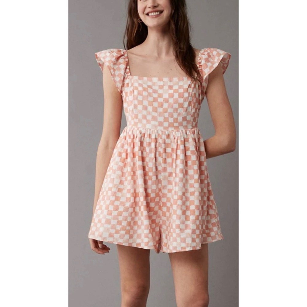 American Eagle Romper Womens Medium Orange Checkered Flutter Sleeve Smocked Back